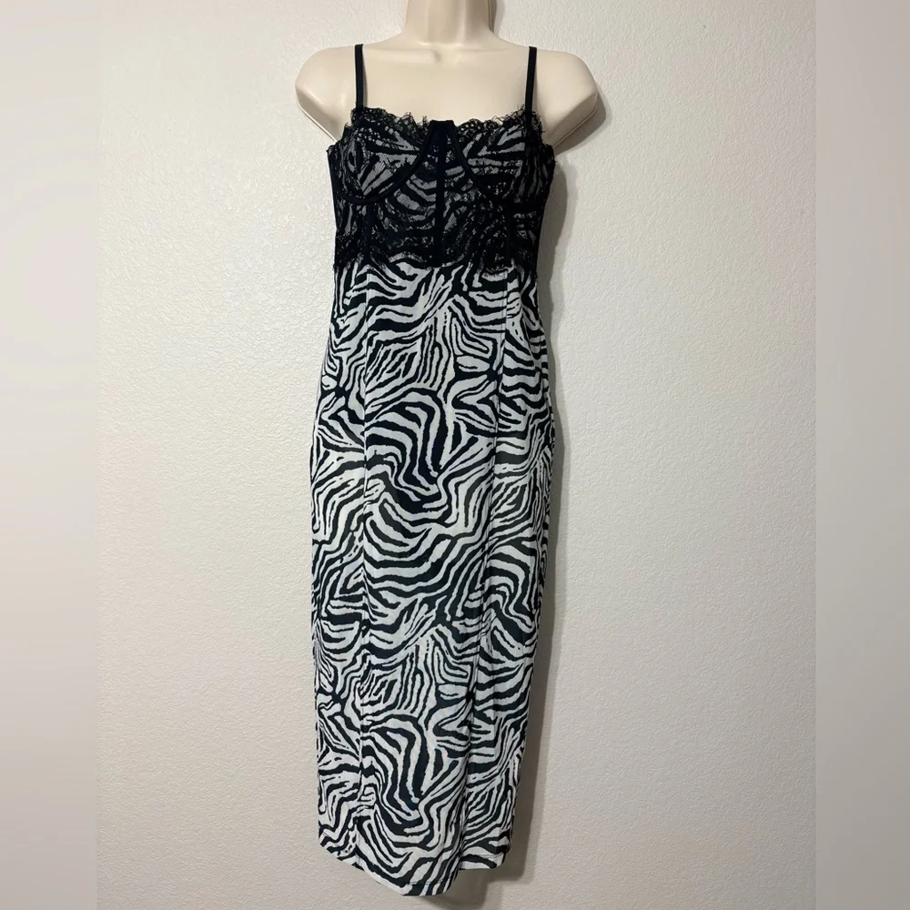 Mesh Body con Semi Sheer Black White Zebra Print Dress w Bustier Type Lace Top - Picture 2 of 13